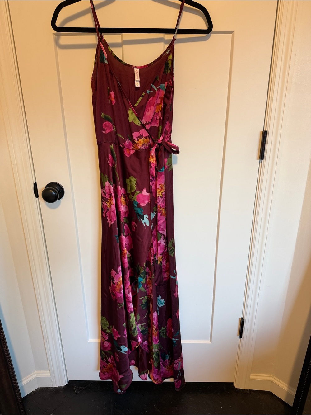 Xhilaration Burgundy Floral Wrap Maxi Dress with Pink and Green Accents